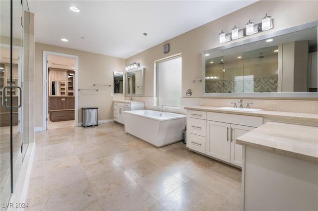 bathroom with vanity and separate shower and tub