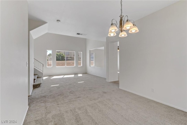 unfurnished living room featuring a chandelier, lofted ceiling, light carpet, visible vents, and stairs