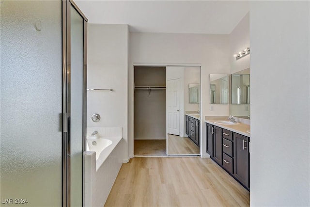 bathroom with wood finished floors, a spacious closet, a shower stall, a bath, and double vanity