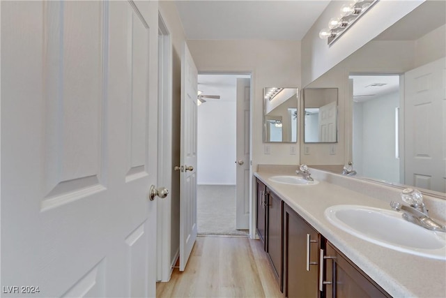 full bathroom with double vanity, wood finished floors, and a sink