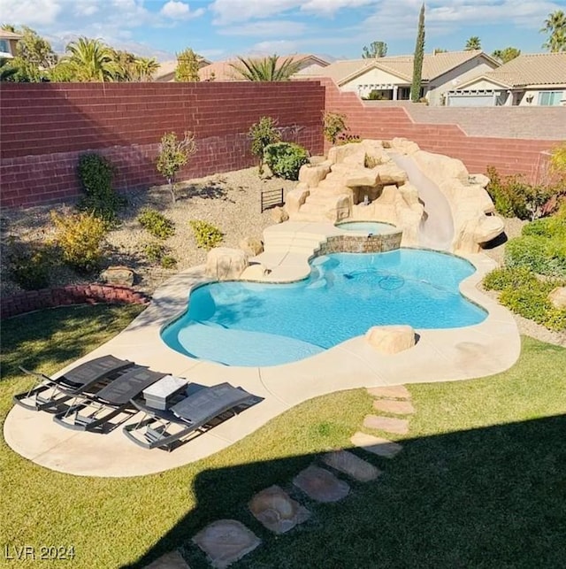 5301 Fairbranch Ln, Las Vegas, NV 89135 - view of pool featuring a fenced in pool, a fenced backyard, an in ground hot tub, and a patio
