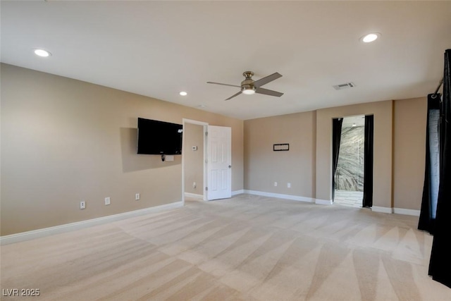 5301 Fairbranch Ln, Las Vegas, NV 89135 - empty room featuring ceiling fan, light colored carpet, recessed lighting, baseboards, and visible vents