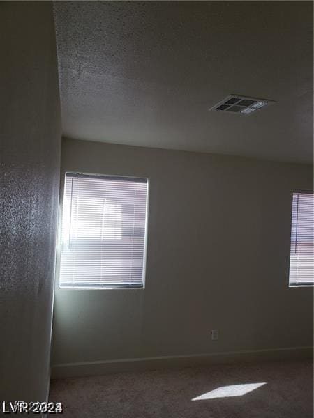 carpeted spare room with visible vents, a textured ceiling, and baseboards