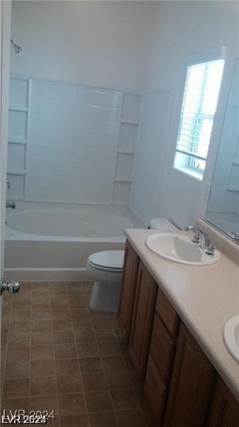 full bathroom featuring dual vanity, toilet, tile patterned flooring, and bathtub / shower combination