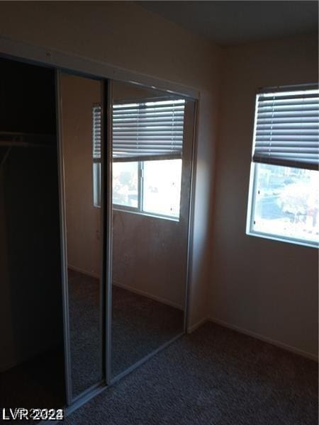 unfurnished bedroom with a closet and carpet floors