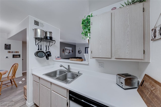 kitchen with white dishwasher, light hardwood / wood-style floors, and sink