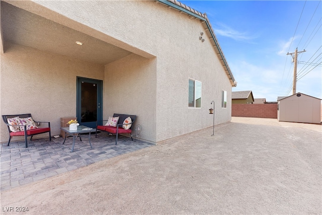 exterior space featuring a storage shed