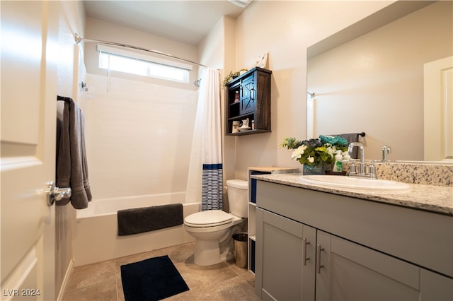 full bathroom with vanity, tile patterned flooring, toilet, and shower / tub combo with curtain