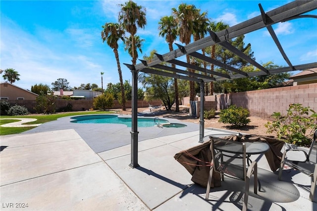 view of swimming pool featuring a patio area, a fenced backyard, a fenced in pool, and a pergola