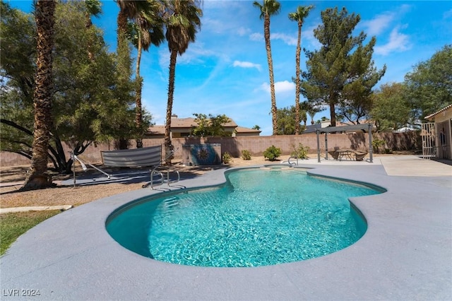 view of swimming pool featuring a fenced in pool, a fenced backyard, a patio, and a pergola