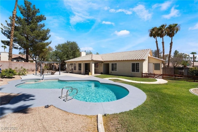 view of swimming pool with a fenced in pool, a yard, a patio, a pergola, and fence private yard