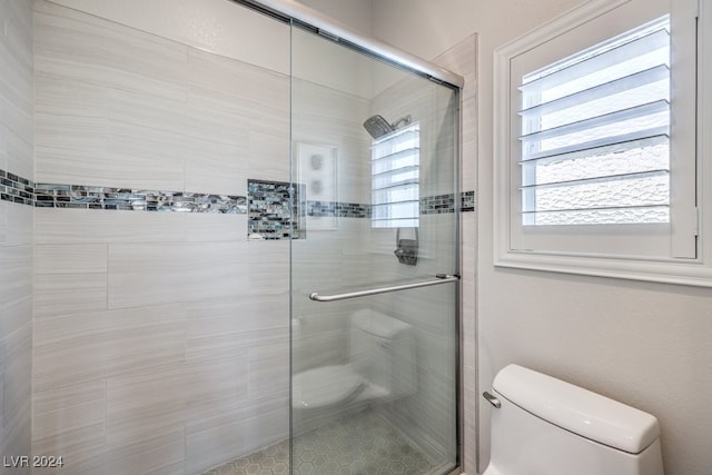 full bathroom featuring toilet and a shower stall