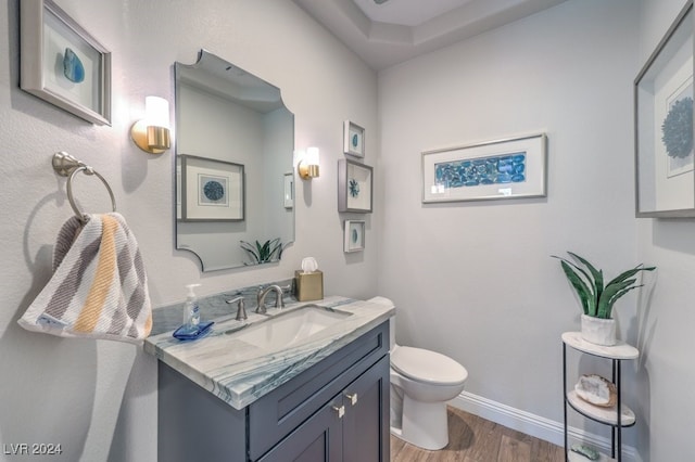 half bath with toilet, baseboards, wood finished floors, and vanity