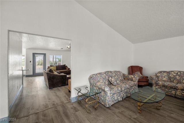 living room featuring a textured ceiling, lofted ceiling, and wood-type flooring