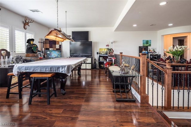 dining area with pool table and dark hardwood / wood-style flooring