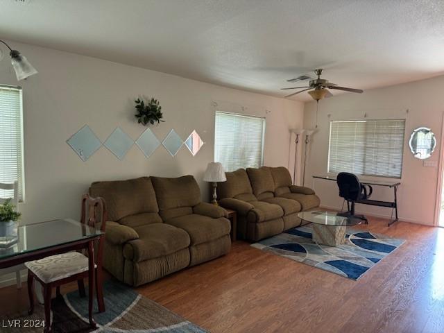 living room with ceiling fan and hardwood / wood-style floors