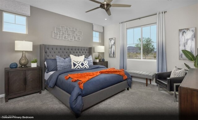 bedroom featuring ceiling fan and carpet