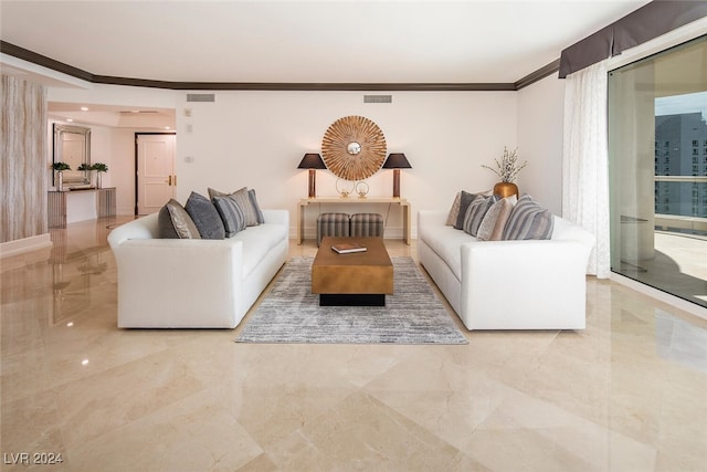 tiled living room featuring ornamental molding