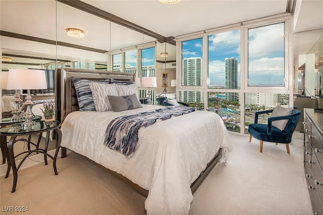 carpeted bedroom with a wall of windows