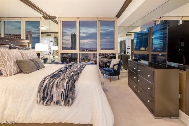 bedroom featuring floor to ceiling windows and light carpet