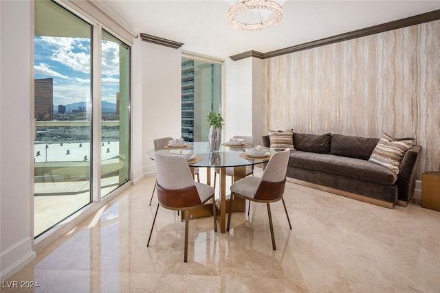 dining area with ornamental molding and light tile patterned floors