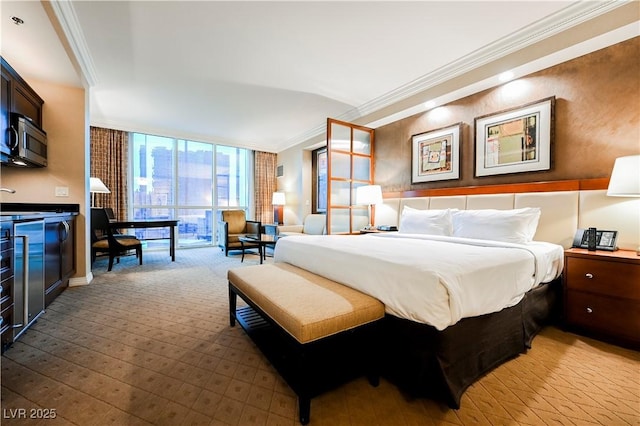 bedroom featuring light carpet, ornamental molding, and a wall of windows