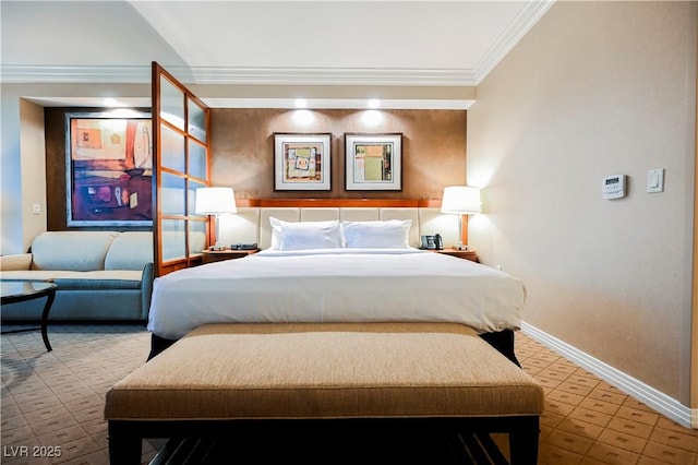 bedroom featuring ornamental molding and baseboards