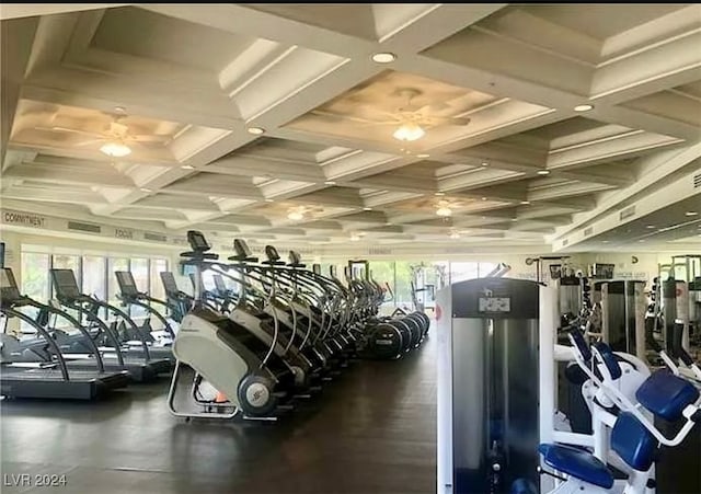 workout area with ceiling fan, coffered ceiling, and plenty of natural light