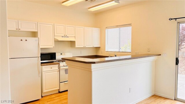 kitchen with under cabinet range hood, light wood finished floors, white appliances, and white cabinetry