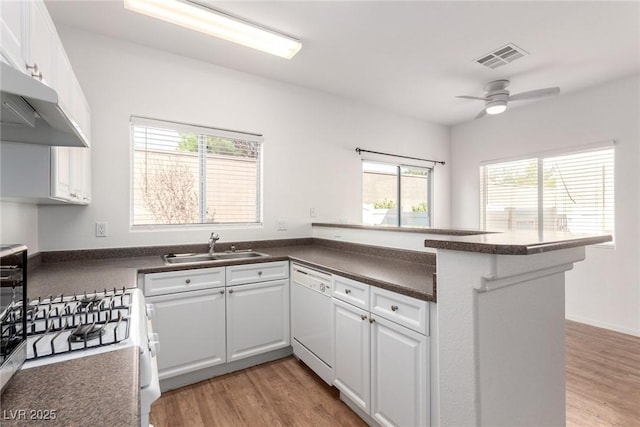 9333 Leaping Deer Pl Unit 102, Las Vegas, NV 89178 - kitchen featuring white appliances, a sink, dark countertops, light wood-style flooring, and a peninsula