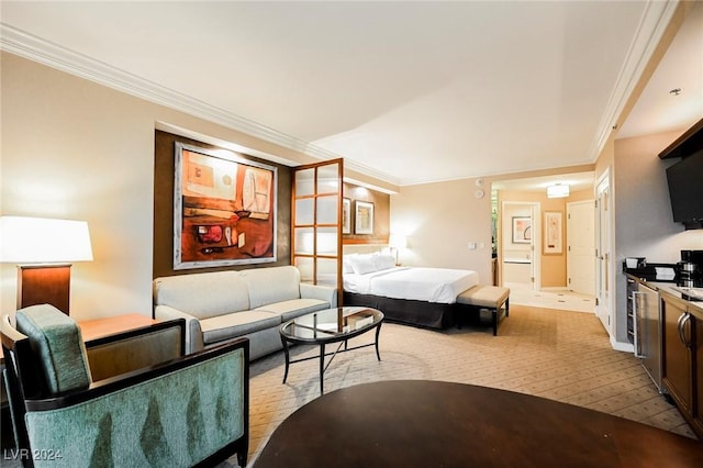 bedroom with crown molding, baseboards, and light carpet