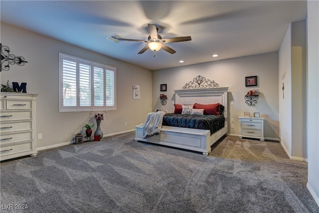 bedroom featuring ceiling fan and carpet floors