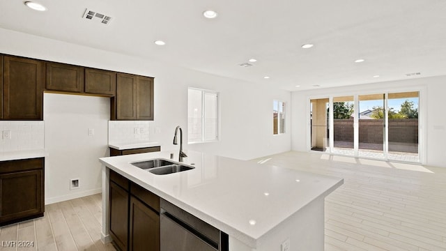 kitchen with a sink, visible vents, light countertops, stainless steel dishwasher, and backsplash