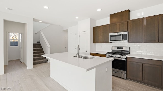 kitchen with stainless steel appliances, backsplash, a sink, and light wood-style flooring