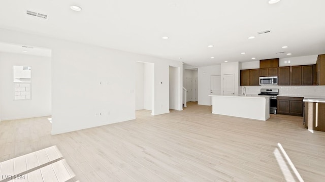 unfurnished living room featuring recessed lighting, visible vents, and light wood finished floors