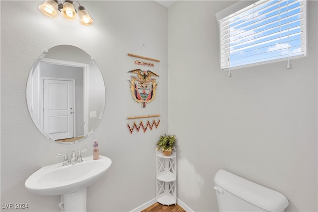 bathroom with sink, toilet, and hardwood / wood-style flooring