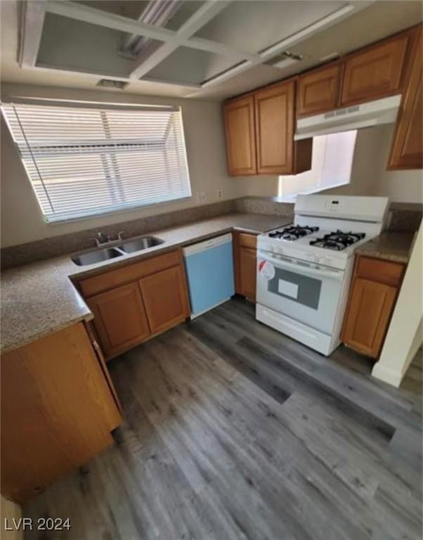 kitchen featuring dark hardwood / wood-style floors, white appliances, sink, and range hood