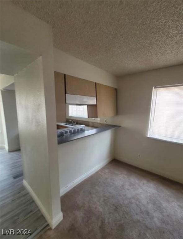 6444 Deadwood Rd, Las Vegas, NV 89108 - kitchen with baseboards, a textured ceiling, and exhaust hood