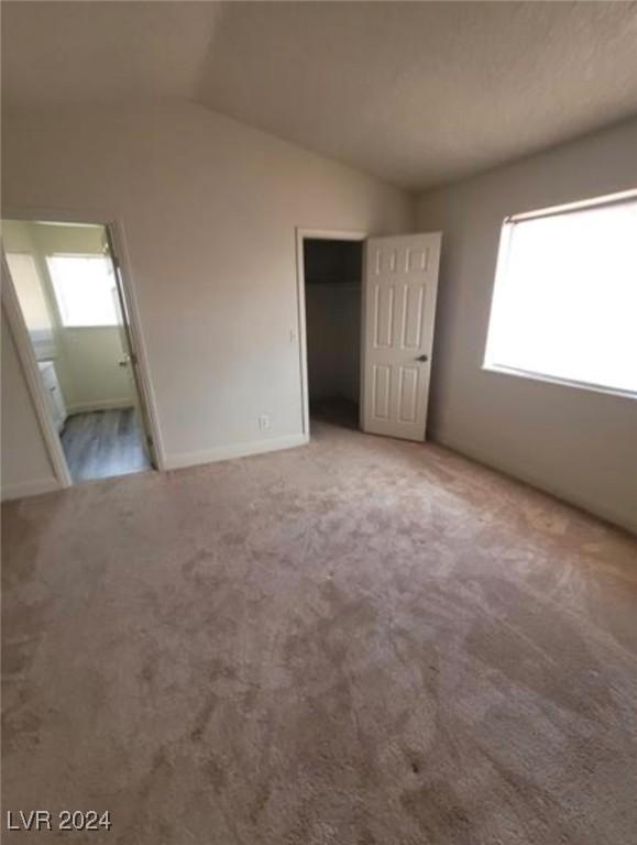 unfurnished bedroom with ensuite bath, lofted ceiling, and carpet floors