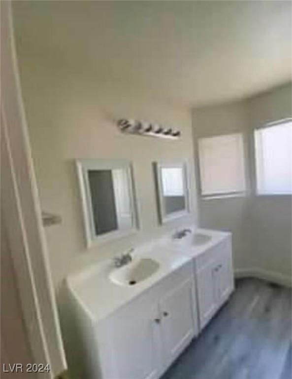 bathroom with wood-type flooring and double vanity