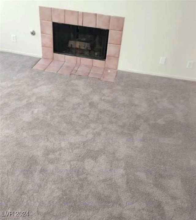 details with a tiled fireplace and carpet