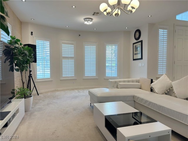 living room featuring light carpet, a chandelier, visible vents, and recessed lighting