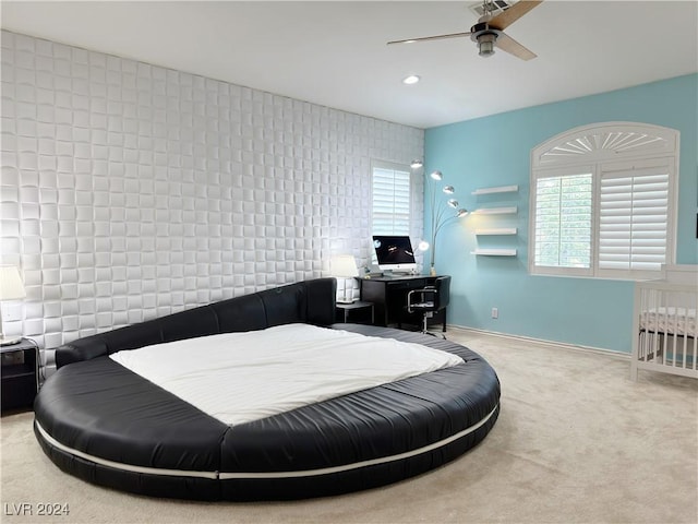 carpeted bedroom with baseboards, a ceiling fan, and recessed lighting