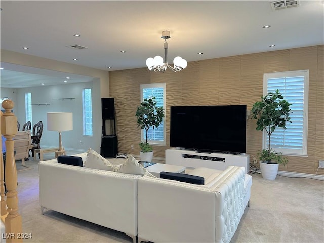 living room featuring recessed lighting, visible vents, baseboards, and wallpapered walls