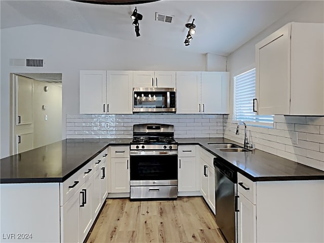 kitchen with sink, stainless steel appliances, track lighting, and lofted ceiling