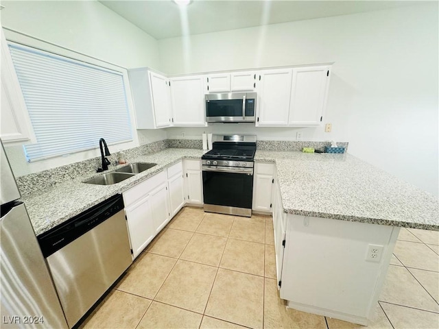 kitchen featuring white cabinetry, sink, kitchen peninsula, and stainless steel appliances