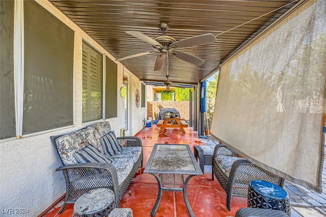 view of patio / terrace featuring ceiling fan and an outdoor hangout area