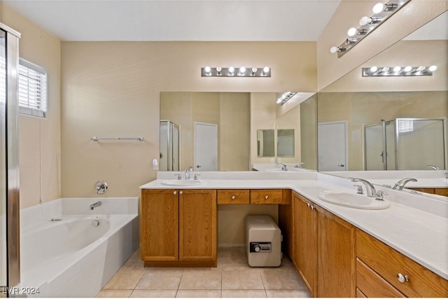 bathroom with shower with separate bathtub, dual bowl vanity, and tile patterned floors