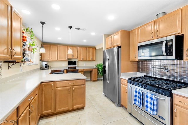 kitchen featuring tasteful backsplash, light tile patterned flooring, stainless steel appliances, and decorative light fixtures