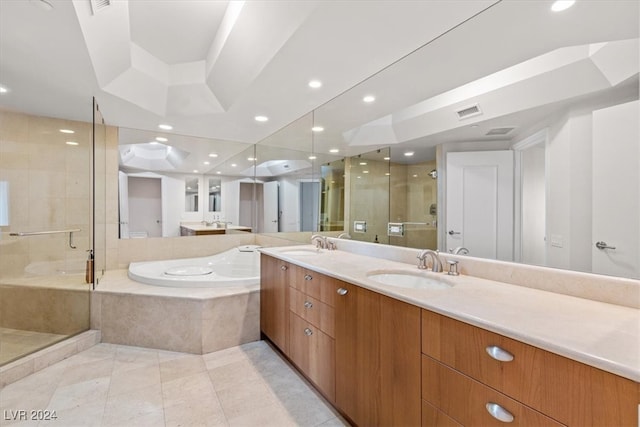 bathroom with vanity, separate shower and tub, and tile patterned floors